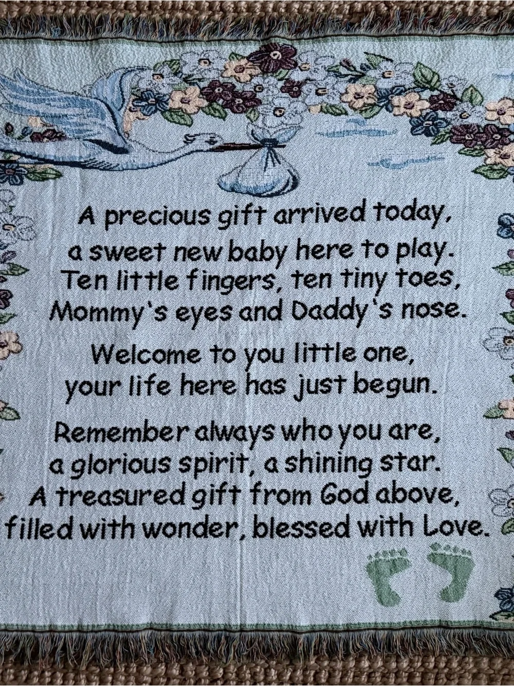 Welcome New Baby Woven Tapestry Throw Blanket with Stork and Poem